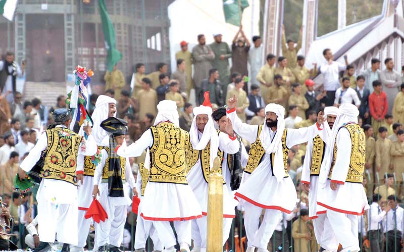 Dancers perform at the opening ceremony of Balochistan Sports Festival at Ayub Stadium, Quetta. PHOTO: INP
