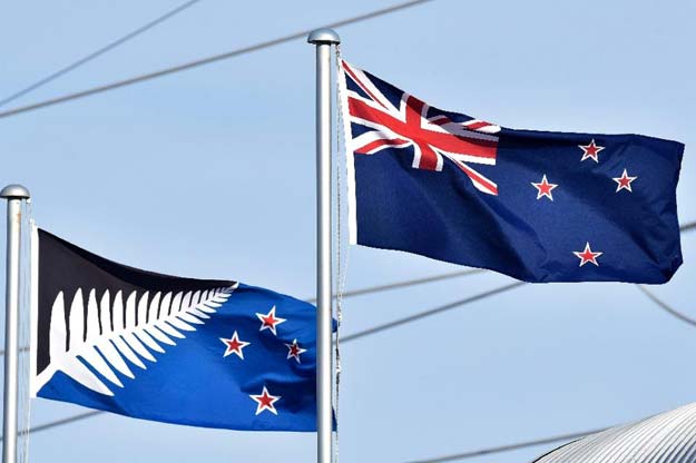 the current new zealand flag r flutters next to the proposed alternative flag in wellington photo afp