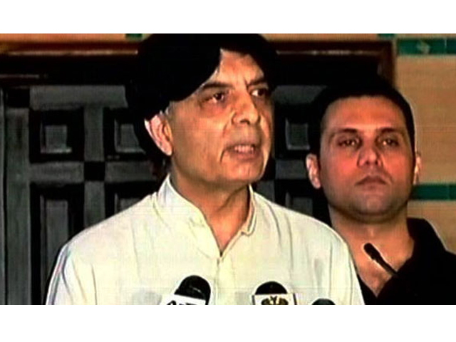 interior minister chaudhry nisar addresses a news conference in islamabad on wednesday express news screen grab