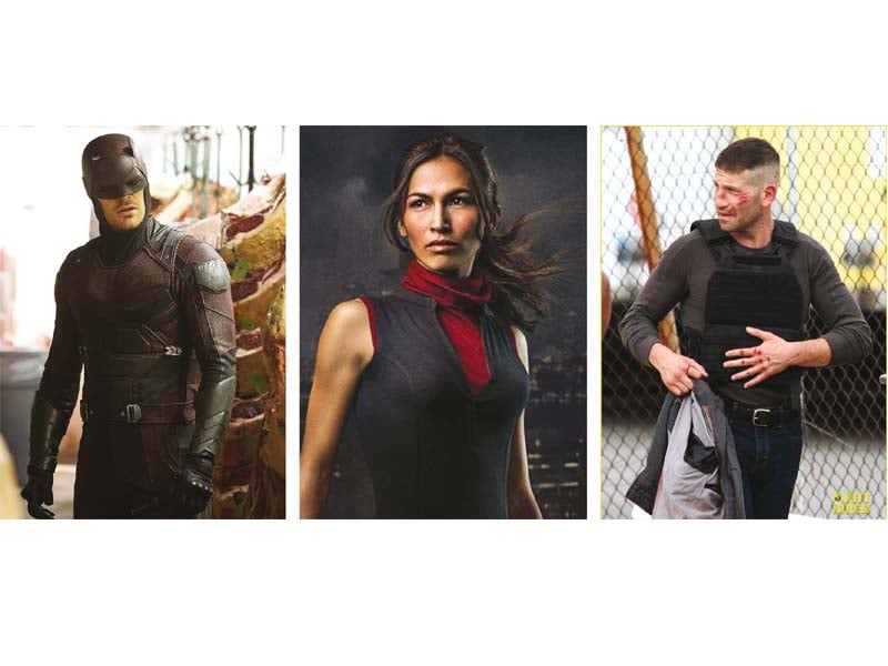 charlie cox as daredevil elodie yung as elektra and jon bernthal as the punisher photos file