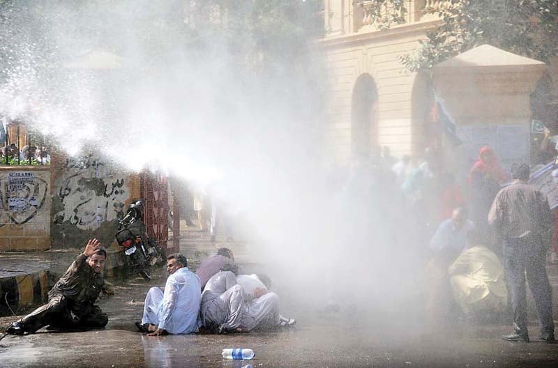 the protesting teachers were dispersed with water cannons and batons resulting in minor injuries to seven including women several teachers were arrested and released later photos online