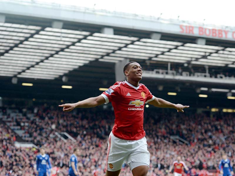 martial celebrates after scoring the game s only goal in the win over everton which strengthened his team s chances of making the top four photo afp