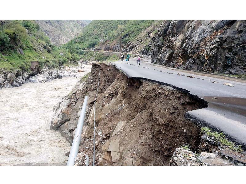 a view of alpuri road due to landsliding in besham shangla district photo inp