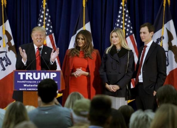 u s republican presidential candidate donald trump speaks as l r his wife melania daughter ivanka and ivanka 039 s husband jared kushner listen at a campaign rally on caucus day in waterloo iowa february 1 2016 photo reuters