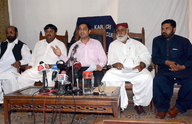 speaking to the media at the karachi press club after a meeting with members of sindh air conditioned bus owners association pti mpa khurram sher zaman photo express