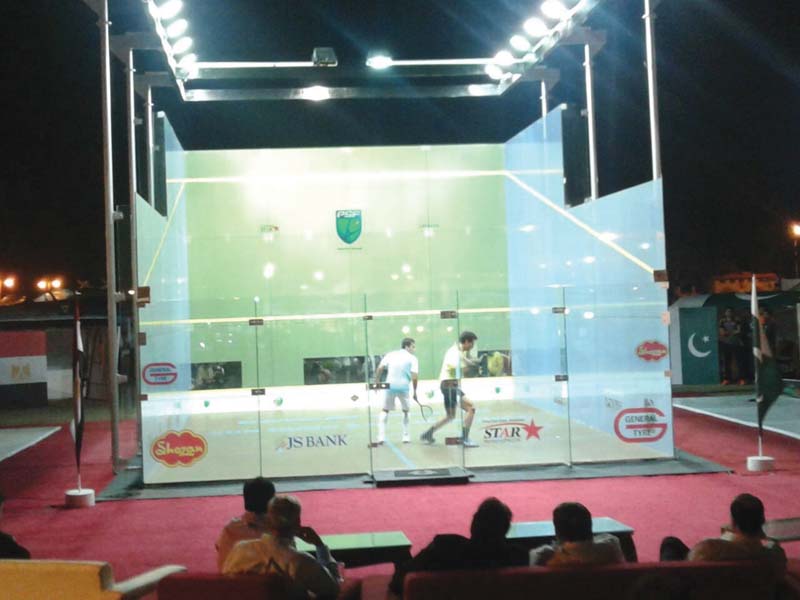 the glass courts a state of the art facility which allows the court to be set up anywhere are being used in the legends v champions series the first time such a facility is being used in pakistan photo courtesy psf