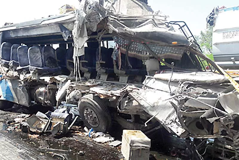 the wreckage of the bus which met with an accident on mm road near harnoli photo expreess the wreckage of the bus which met with an accident on mm road near harnoli photo expreess