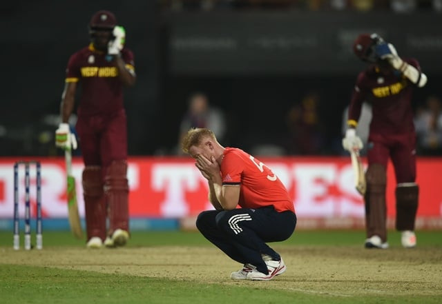 ben stokes reacts after being hit for consecutive sixes in world t20 final against west indies at the eden gardens cricket stadium in kolkata on april 3 2016 photo afp ben stokes reacts after being hit for consecutive sixes in world t20 final against west indies at the eden gardens cricket stadium in kolkata on april 3 2016 photo afp