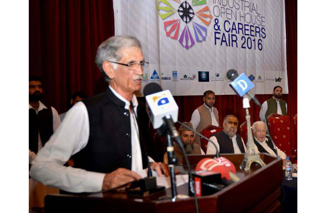 k p cm addressing the inaugural ceremony of industrial open house and career fair at giki swabi photo online