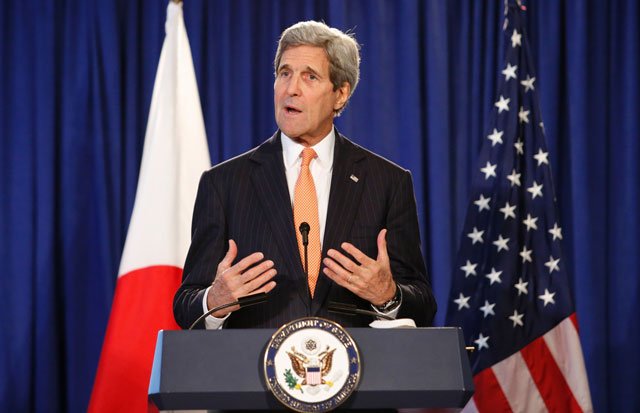 this file photo taken on april 27 2015 shows us secretary of state john kerry attending a meeting with japanese foreign minister kishida and japanese defence minister nakatani at waldorf astoria hotel in new york photo afp