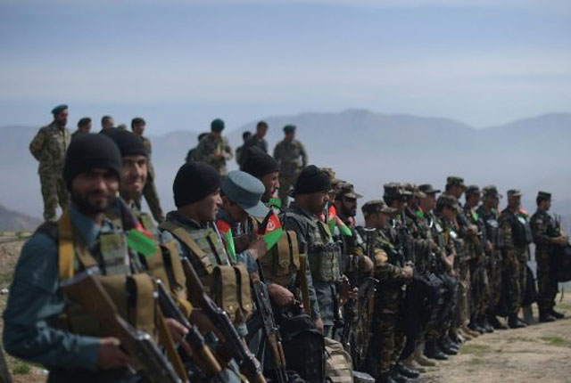 afghan national army soldiers line up in dand e ghori district in baghlan province on march 15 2016 following weeks of heavy battles to recapture the area from taliban militants photo afp