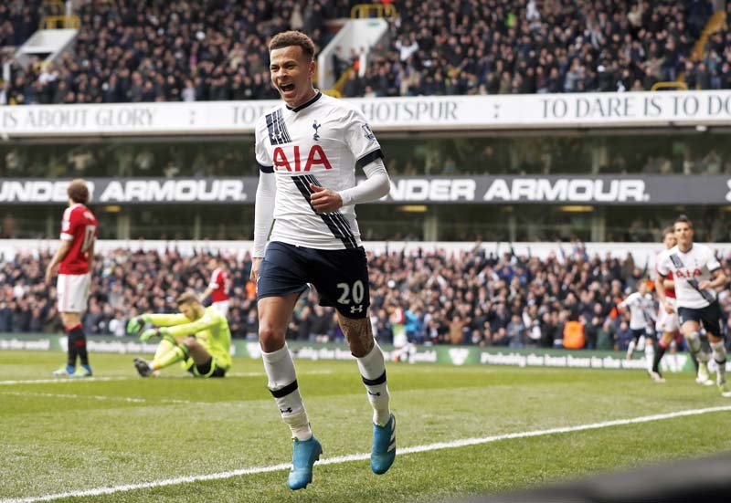 alli celebrates after opening the scoring against united it was his goal which broke the red devils resolve and allowed spurs to register an emphatic 3 0 win photo reuters