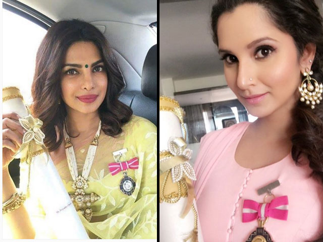 priyanka donned a lime green sari while sania sported a baby pink suit photo file