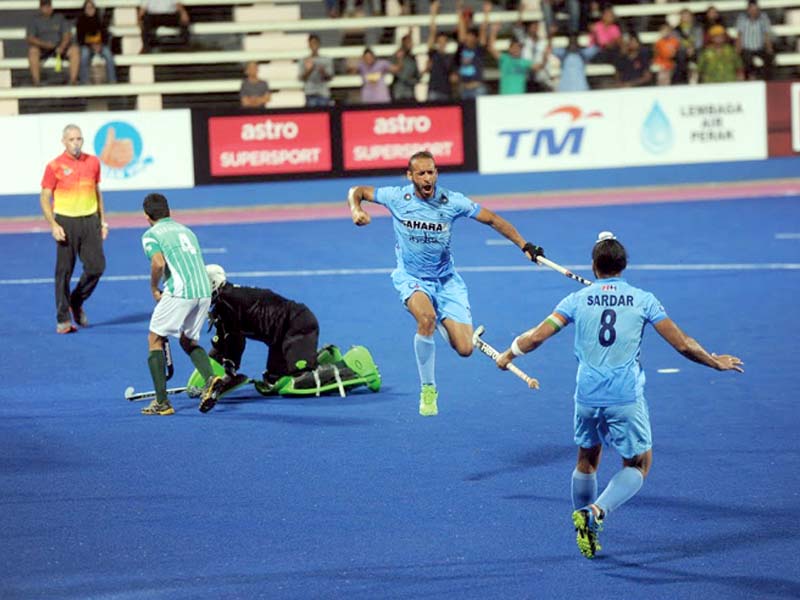 indian forward somwarpet exults after scoring his side s second goal to retake the lead in the first quarter photo malaysian hockey confederation