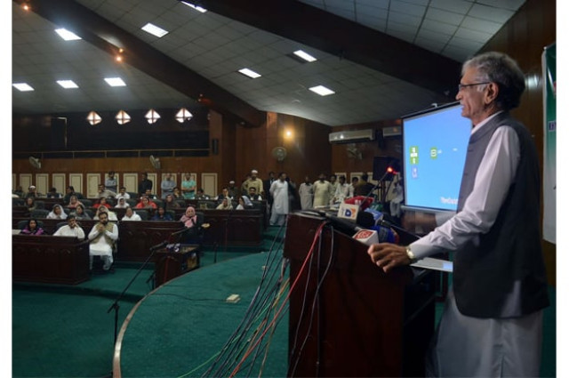chief minister pervez khattak addressing councillors at district assembly hall photo ppi chief minister pervez khattak addressing councillors at district assembly hall photo ppi