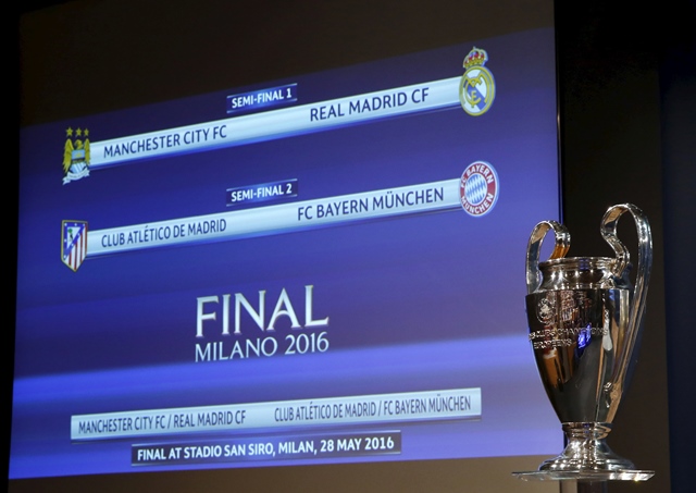 the trophy is pictured in front of a screen displaying the order after the draw of the uefa champions league semi finals at in nyon switzerland on april 15 2016 photo reuters