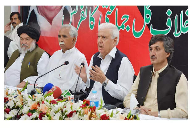 qaumi watan party chief aftab ahmad khan sherpao speaks during apc photo nni qaumi watan party chief aftab ahmad khan sherpao speaks during apc photo nni