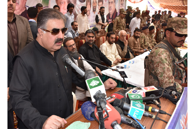 balochistan chief minister nawab sanaullah khan zehri addressing during the third anniversary of the martyrs of anjeera photo express