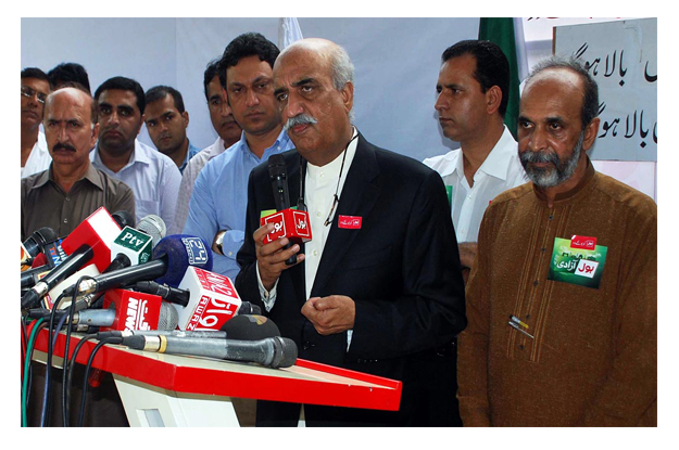 the leader of the opposition in the national assembly syed khursheed shah talking to media at karachi press club on saturday photo online