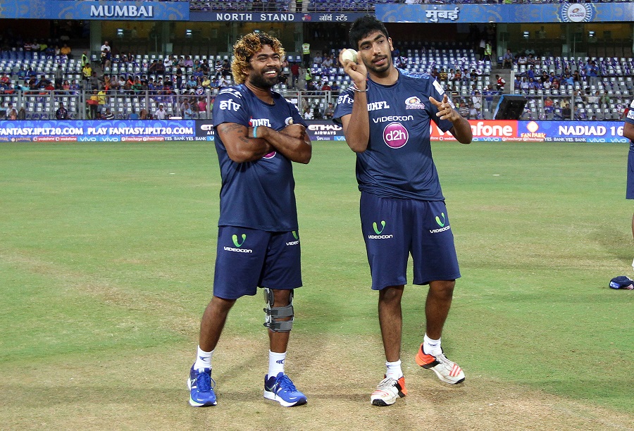 sri lankan fast bowler lasith malinga l having a chat with indian fast bowler jasprit bumrah r photo courtesy bcci