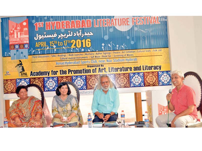 l r poets azra abbas tanveer anjum afzal ahmed syed and syed munir shah speaking at a session on poet and poetry photo adeel ahmed express