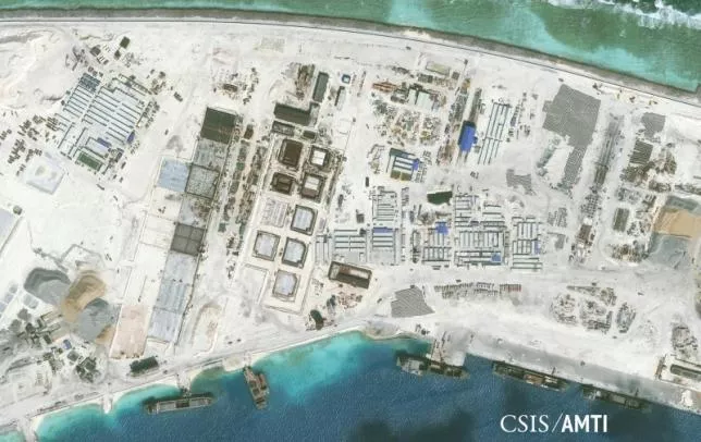 the northwest side of mischief reef showing a 1 900 foot seawall and newly constructed infrastructure including housing an artificial turf parade grounds cement plants and docking facilities are shown in this center for strategic and international studies csis asia photo reuters the northwest side of mischief reef showing a 1 900 foot seawall and newly constructed infrastructure including housing an artificial turf parade grounds cement plants and docking facilities are shown in this center for strategic and international studies csis asia photo reuters