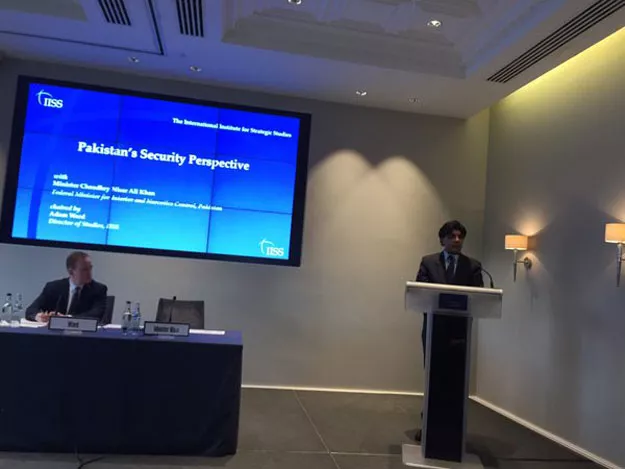 interior minister chaudhary nisar speaks at the international institute of strategic studies in london on tuesday photo twitter murtaza ali shah interior minister chaudhary nisar speaks at the international institute of strategic studies in london on tuesday photo twitter murtaza ali shah