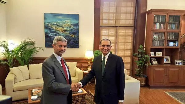 foreign secretary aizaz ahmed chaudhry shakes hands with his indian counterpart subrahmanyam jaishankar on tuesday photo mea india foreign secretary aizaz ahmed chaudhry shakes hands with his indian counterpart subrahmanyam jaishankar on tuesday photo mea india