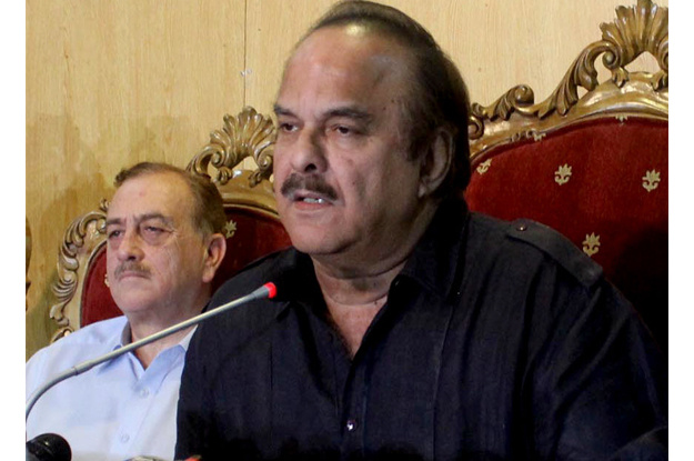 pakistan tehreek e insaf pti leader naeemul haq addressing a press conference in islamabad photo express