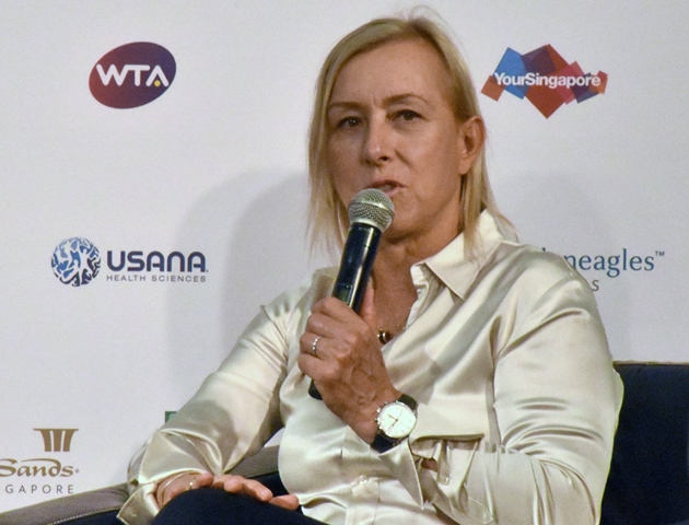 women 039 s tennis legend martina navratilova r attends a promotional event for this year 039 s wta finals in singapore on april 28 2016 photo afp