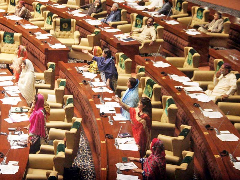 female lawmakers of the pakistan peoples party protest the behaviour of opposition members who walked out of the session on friday after an argument with parliamentary affairs minister nisar ahmed khuhro photo online