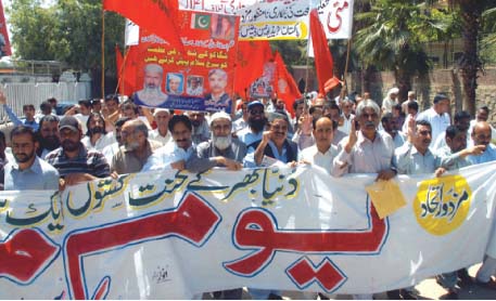 all pakistan wapda hydro electric workers union takes out a rally in rawalpindi to mark the labour day photo zafar aslam express