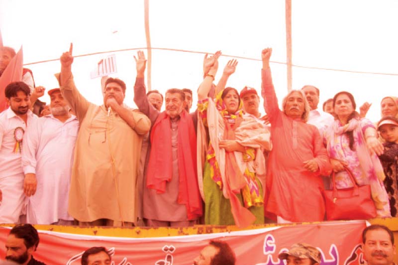 labour leaders addressing a rally at aiwan i iqbal photo abid nawaz express