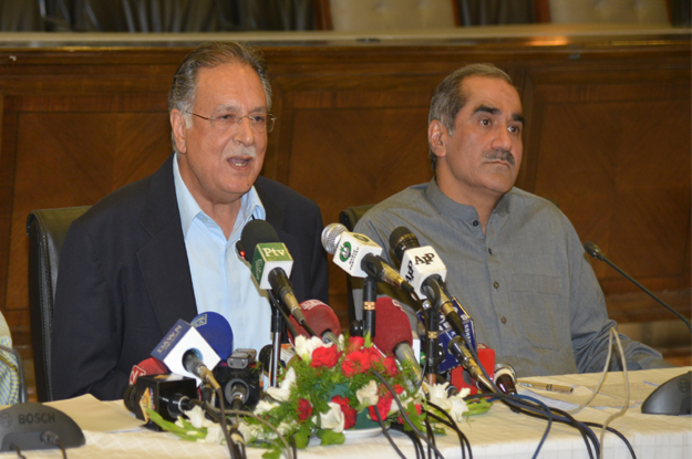 information minister pervaiz rashid speaking at a news conference at the pml n secretariat photo pid