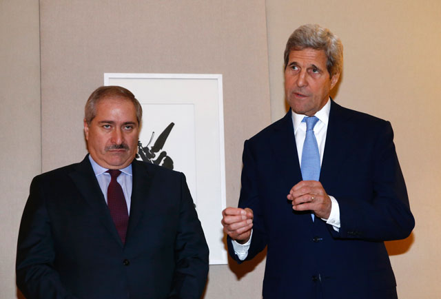 us secretary of state john kerry r addresses medias next to jordanian foreign minister nasser judeh following their meeting on syria in geneva on may 1 2016 photo afp