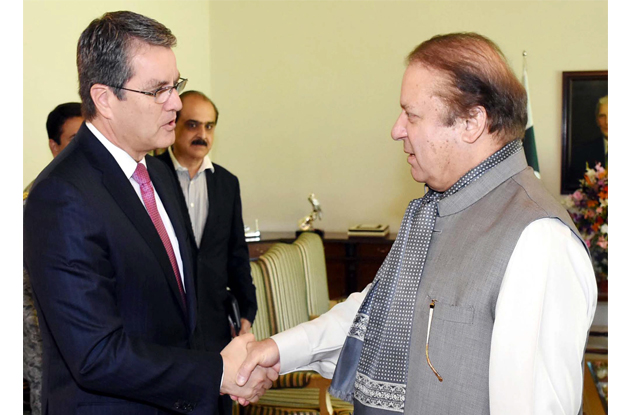 pm nawaz shakes hand with world trade orgaization dg roberto azevedo upon his arrival at pm house photo ppi