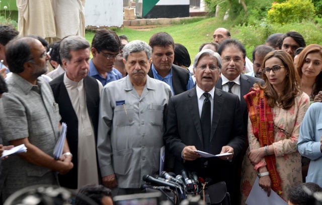 leader of the opposition in senate aitzaz ahsan talking to media in islamabad on may 2 2016 photo mudassar raja express