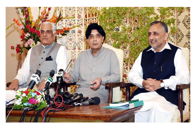 interior minister chaudhry nisar ali khan addressing a news conference at punjab house photo inp