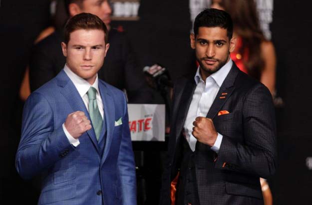 boxer saul 039 canelo 039 alvarez from mexico l and england 039 s amir khan 2r pose during their final press conference at the mgm grand in las vegas nevada on may 4 2016 photo afp