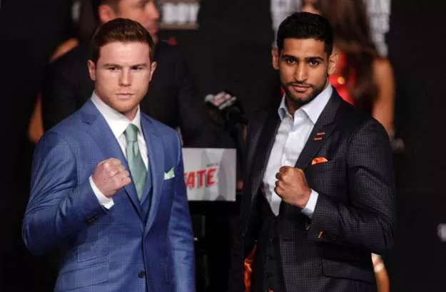 boxer saul 039 canelo 039 alvarez from mexico l and england 039 s amir khan 2r pose during their final press conference at the mgm grand in las vegas nevada on may 4 2016 photo afp boxer saul 039 canelo 039 alvarez from mexico l and england 039 s amir khan 2r pose during their final press conference at the mgm grand in las vegas nevada on may 4 2016 photo afp