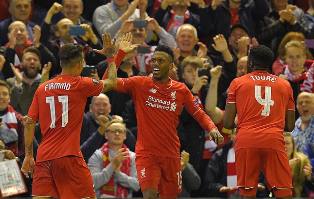 daniel sturridge c celebrates after scoring his team 039 s second goal against villarreal at anfield in liverpool england on may 5 2016 photo afp