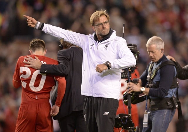 jurgen klopp gestures after a 3 0 victory against villarreal cf at anfield in liverpool england on may 5 2016 photo afp