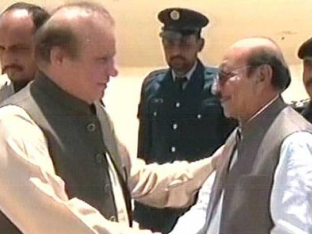 prime minister nawaz sharif shakes hands with sindh chief minister syed qaim ali shah after the former arrived at sukkur 039 s begum nusrat bhutto airport on may 6 2016 express news screengrab