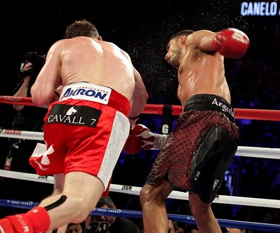 canelo alvarez connects the knockout punch against amir khan in the sixth round during their wbc middleweight title fight at t mobile arena on may 7 2016 in las vegas nevada photo afp