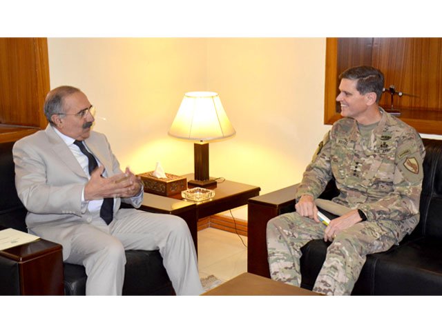 secretary defence lt general retd muhammad alam khattak l in a meeting with general joseph l votel commander us central command r in ministry of defence rawalpindi on may 9 2016 photo pid