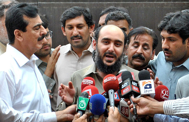 ali haider gilani son of former prime minister yousuf raza gilani speaking to media outside his residence in lahore on may 12 2016 photo app