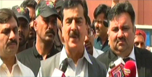 an express news screengrab of former prime minister and pakistan peoples party ppp leader yousuf raza gilani speaking to media outside his residence in lahore on may 13 2016