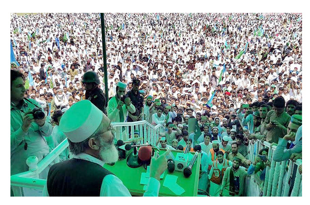 ji chief addressing a public gathering at bajaur sports complex on saturday photo nni