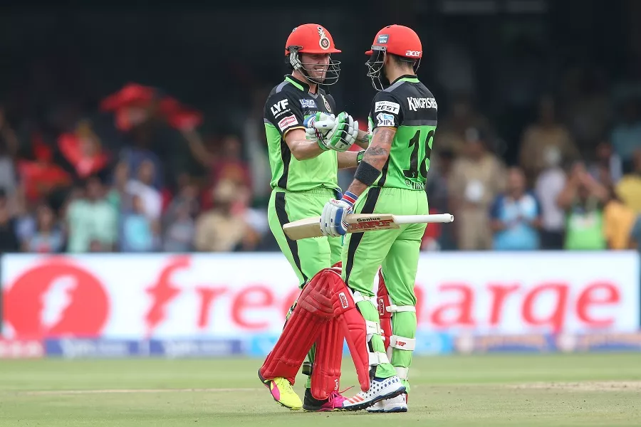 ab de villiers and virat kohli added 229 for the second wicket in just 96 balls against gujarat lions in ipl 2016 in bangalore on may 14 2016 photo courtesy bcci ab de villiers and virat kohli added 229 for the second wicket in just 96 balls against gujarat lions in ipl 2016 in bangalore on may 14 2016 photo courtesy bcci