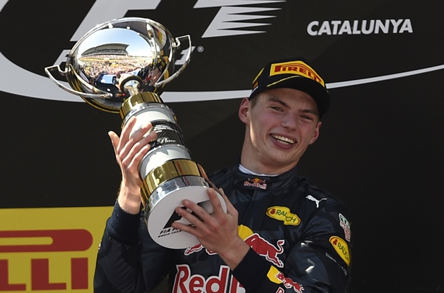 infiniti red bull 039 s belgian dutch driver max verstappen celebrates on the podium after spanish f1 grand prix on may 15 2016 at the circuit de catalunya in montmelo barcelona photo afp